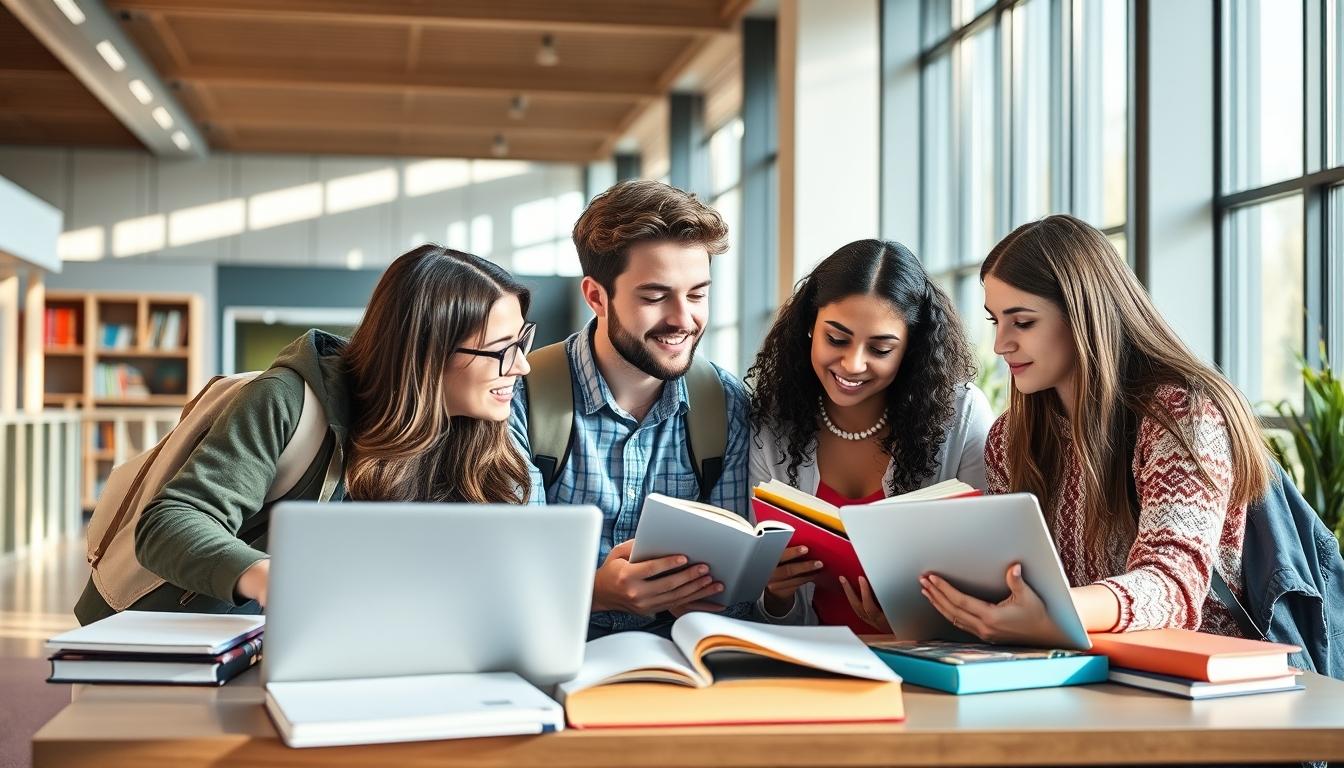 Students studying together in modern classroom